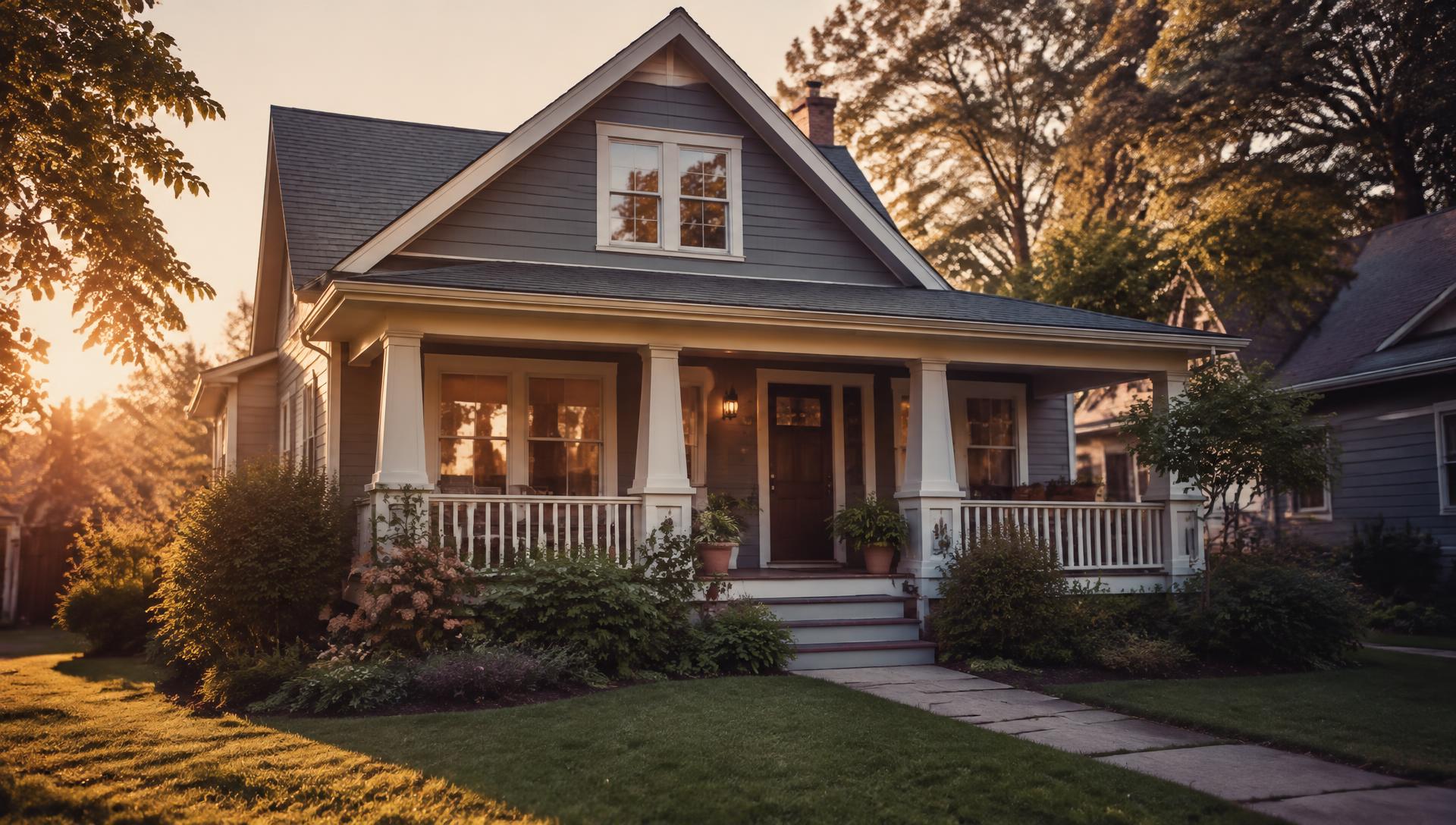 A porch-front family home in warm late afternoon light.