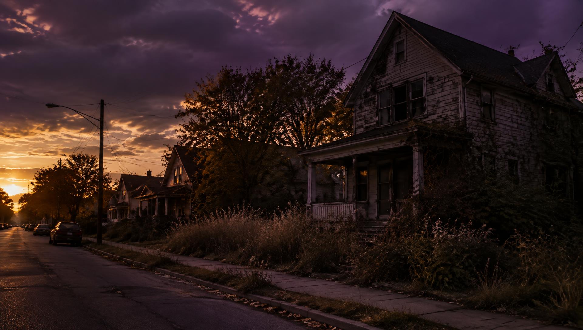 A neglected vacant house on a quiet street at sunset.
