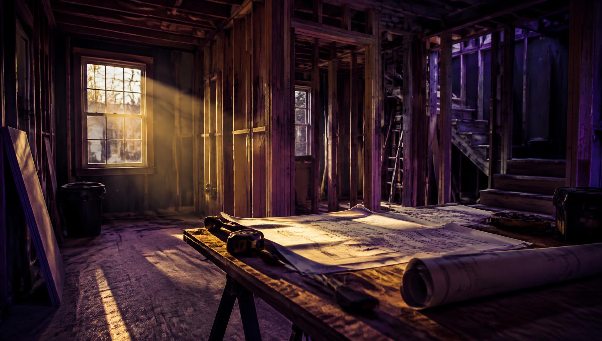 The interior of a house mid-renovation with plans on a work table.